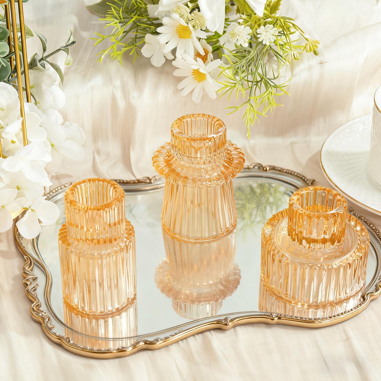 WELLIFE 3 Pcs Gold Glass Candle Holder, Taper Candle Holder, Gold Candlestick Holders for Party, Wedding Decorations, Table Centerpieces and Thanksgiving