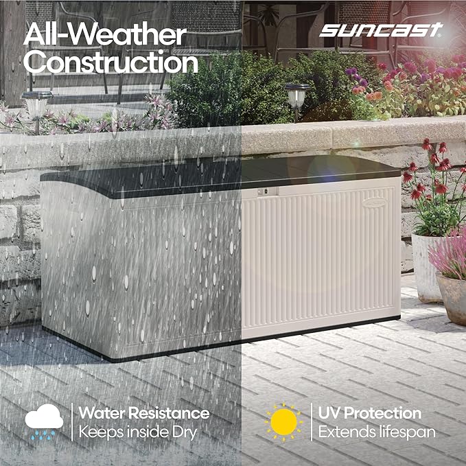 Suncast 160-Gal. Resin Extra-Large Outdoor Patio Deck Box with Pad-Lockable Lid, Modern Reeded Outdoor Patio Bench/Storage Box for Cushions, Garden Tools, and More, Iron Ore/French Gray