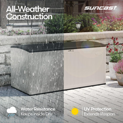 Suncast 160-Gal. Resin Extra-Large Outdoor Patio Deck Box with Pad-Lockable Lid, Modern Reeded Outdoor Patio Bench/Storage Box for Cushions, Garden Tools, and More, Iron Ore/French Gray
