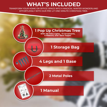 6ft Pop up Christmas Tree - Fully Decorated Pre-Lit Pull Up Tree Includes Storage Bag, Ornaments, Ribbon, Pinecones, Stand, and Warm UL Lights