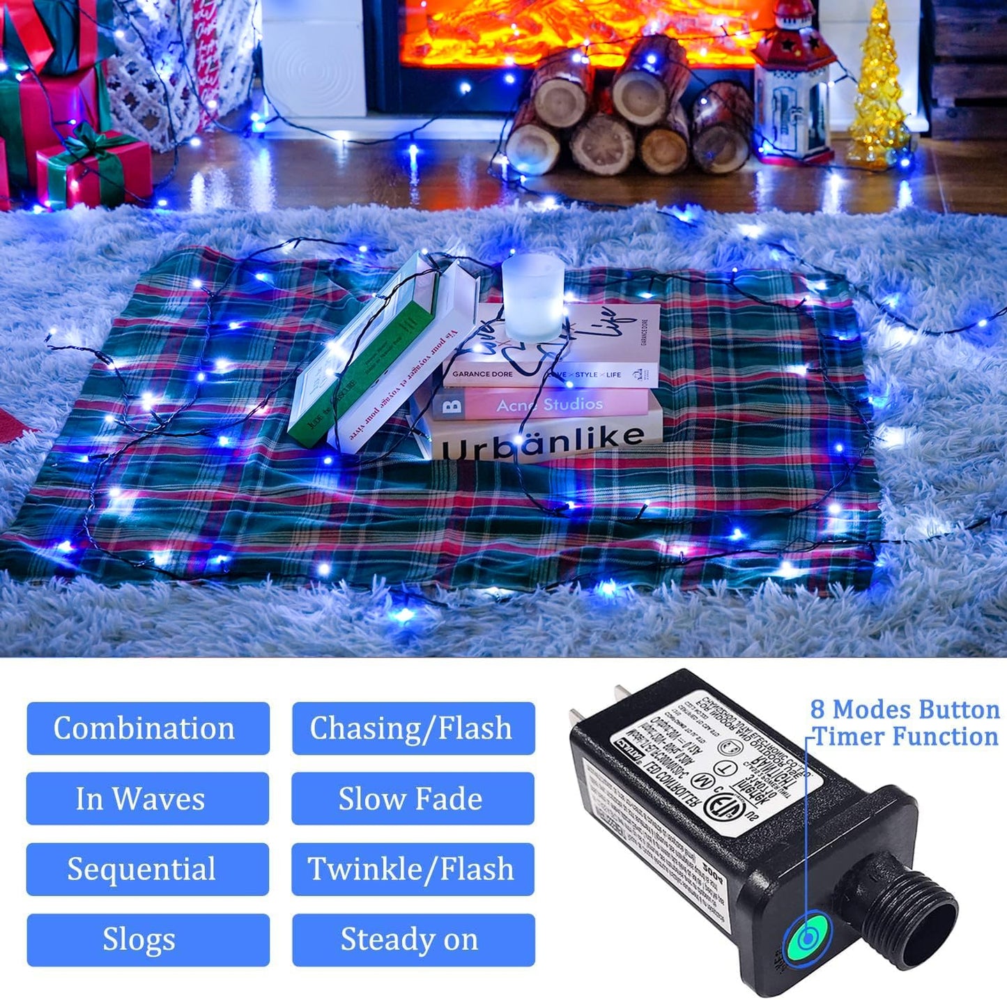 JMEXSUSS 66ft 200 LED Blue and White Outdoor Christmas String Lights, Expandable for Tree, Party, Home Decorations
