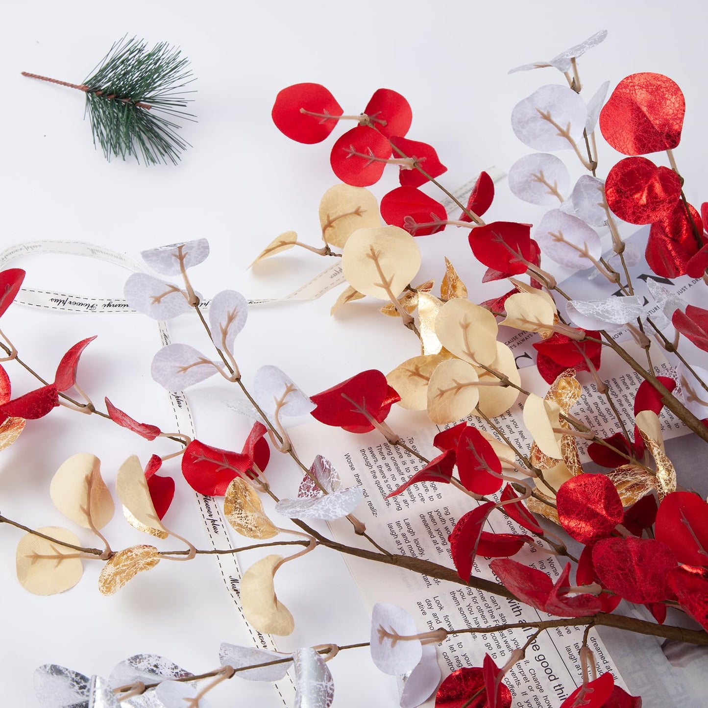 Voqoza 6pcs Eucalyptus Stems Fake Red Gold Silvery Christmas Decorations Leaves Artificial Silk Flowers Bouquet Faux Branches Centerpiece Flores Plants for Home Party Decor Wedding Decoration