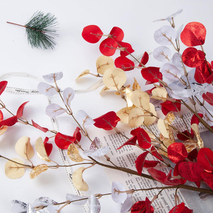 Voqoza 6pcs Eucalyptus Stems Fake Red Gold Silvery Christmas Decorations Leaves Artificial Silk Flowers Bouquet Faux Branches Centerpiece Flores Plants for Home Party Decor Wedding Decoration