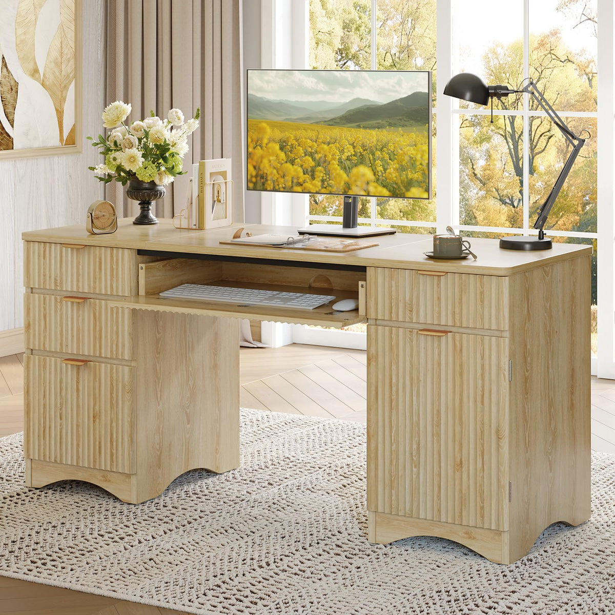 Bestier 63 Inch Home Office Desk with Drawers, Fluted Executive Desk with Ample File Drawer, Keyboard Tray & Storage Cabinet for Study, Living Room, Bedroom, Natural Oak