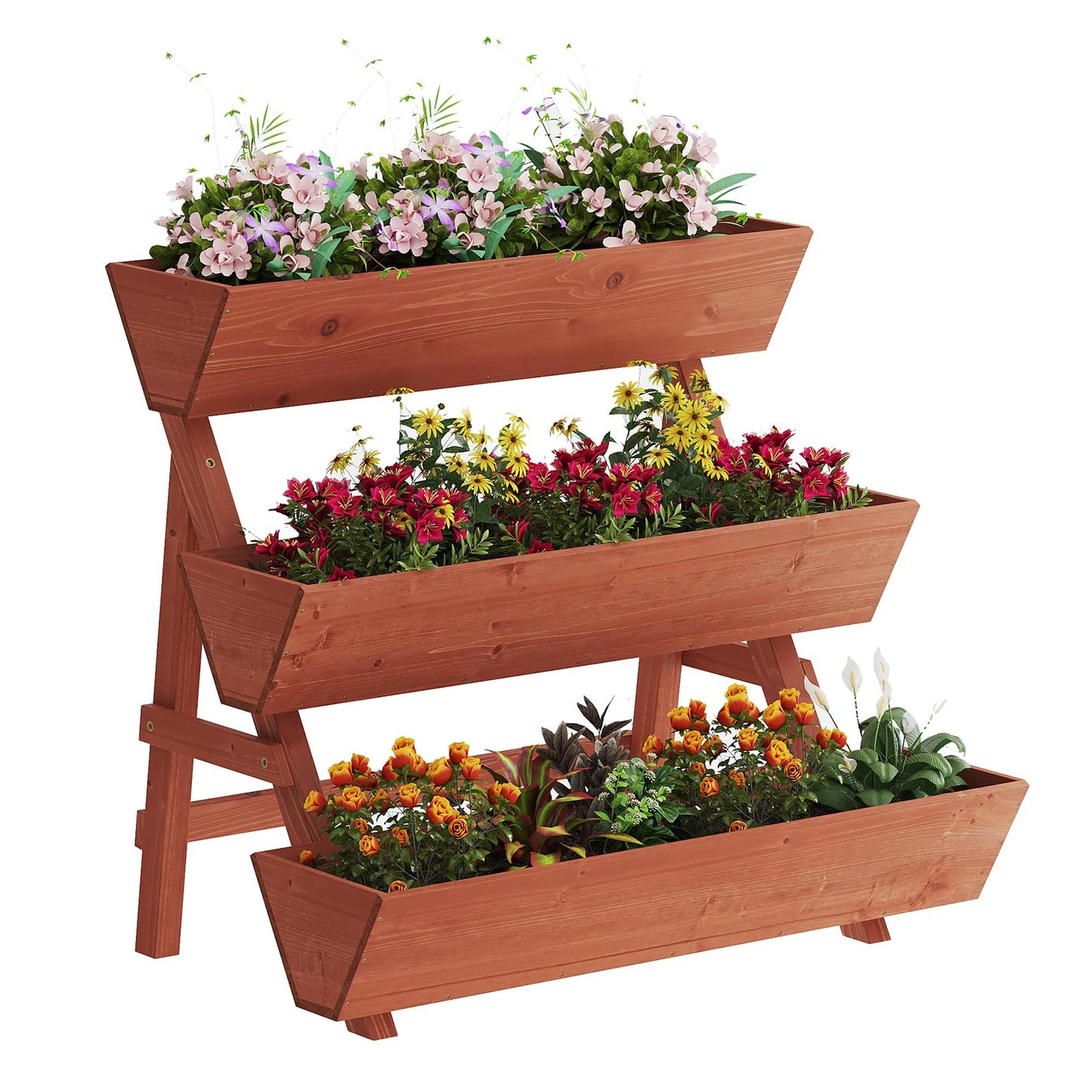 Kitsanery 3-Tiers Wooden Raised Garden Bed,Wood Planter Box for Vegetable,Flower Rack,Flower Pot Stands,Indoor Outdoor Gardening Planting Beds (Brick red, Large)