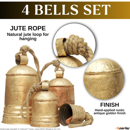 Set of 4 Rustic Metal Christmas Bells Large Hanging Brass-Gold Cowbells with Jute Rope | Farmhouse Wall, Porch & Holiday Decor