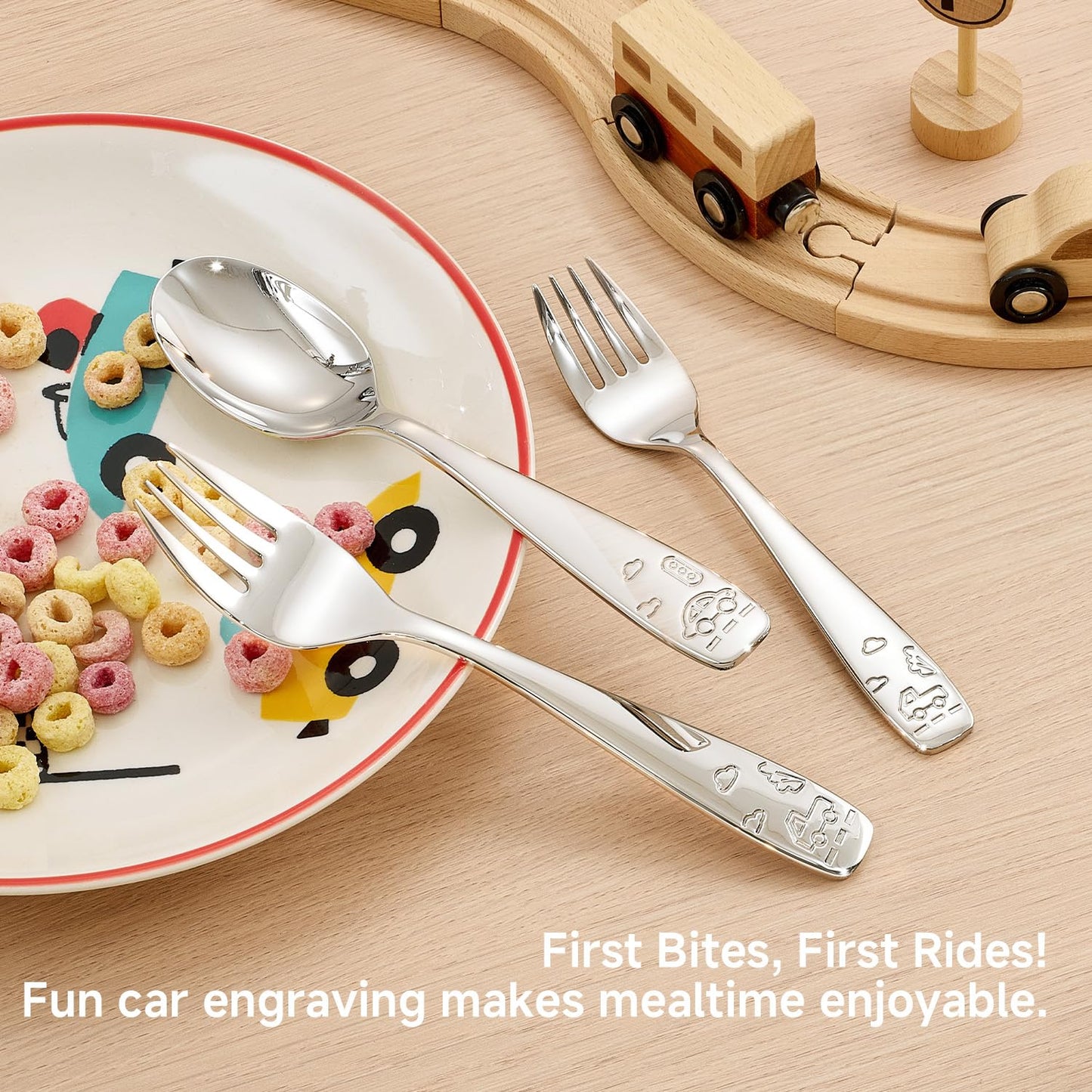 KINGSTONE 6 Pieces Toddler Utensils Set, 18/10 Stainless Steel Kids Silverware, 3 Forks & 3 Spoons, Food-Grade, Cute Car Design, Dishwasher Safe for Children Self-Feeding