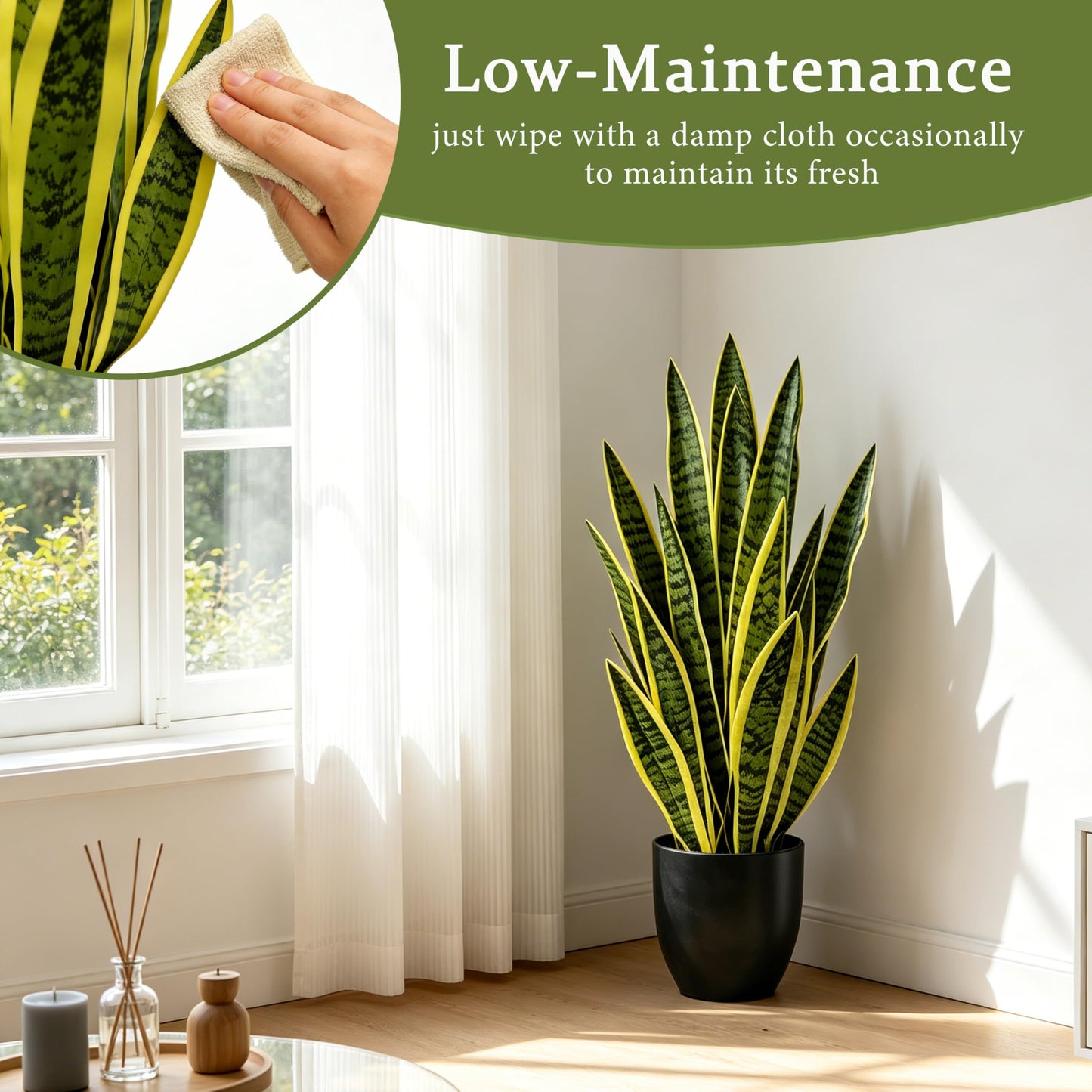 Joyplants Fake Snake Plant, 27" Fake Potted Plants with Black Pot Realistic Artificial for Home Decor, Low Maintenance No Watering Needed Faux Plants for Desk Corner Office & Pet Areas(yellow-27in)