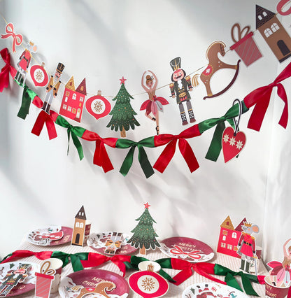 Eanjia Nutcracker Ballet Christmas Banner | Pack of 2|6ft Pre-Strung Satin Bow Garland Red & Green | 8ft DIY Paper Garland Mouse King,Tree, Bell,Castle Cutouts,for Xmas Hanging Sign Décor (Christmas)