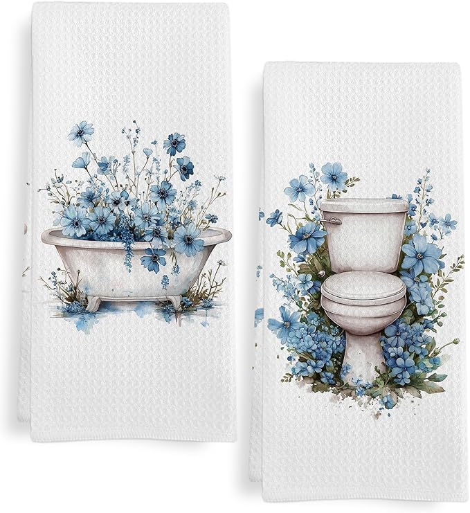 Blue Floral Hand Towels for Bathroom Set of 2, Flower Botanical Dish Tea