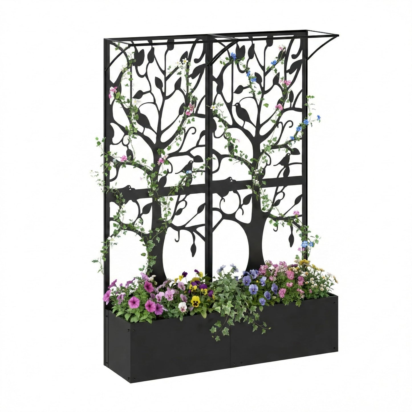 Furtivusia Metal Planter Box with Trellis, Tall Raised Garden Bed for Patio, Outdoor Privacy Planters for Climbing Plants, Vegetables, Fruits, Balcony, Outside, 62.4 x 12.2 x 44.6 Inch, Black