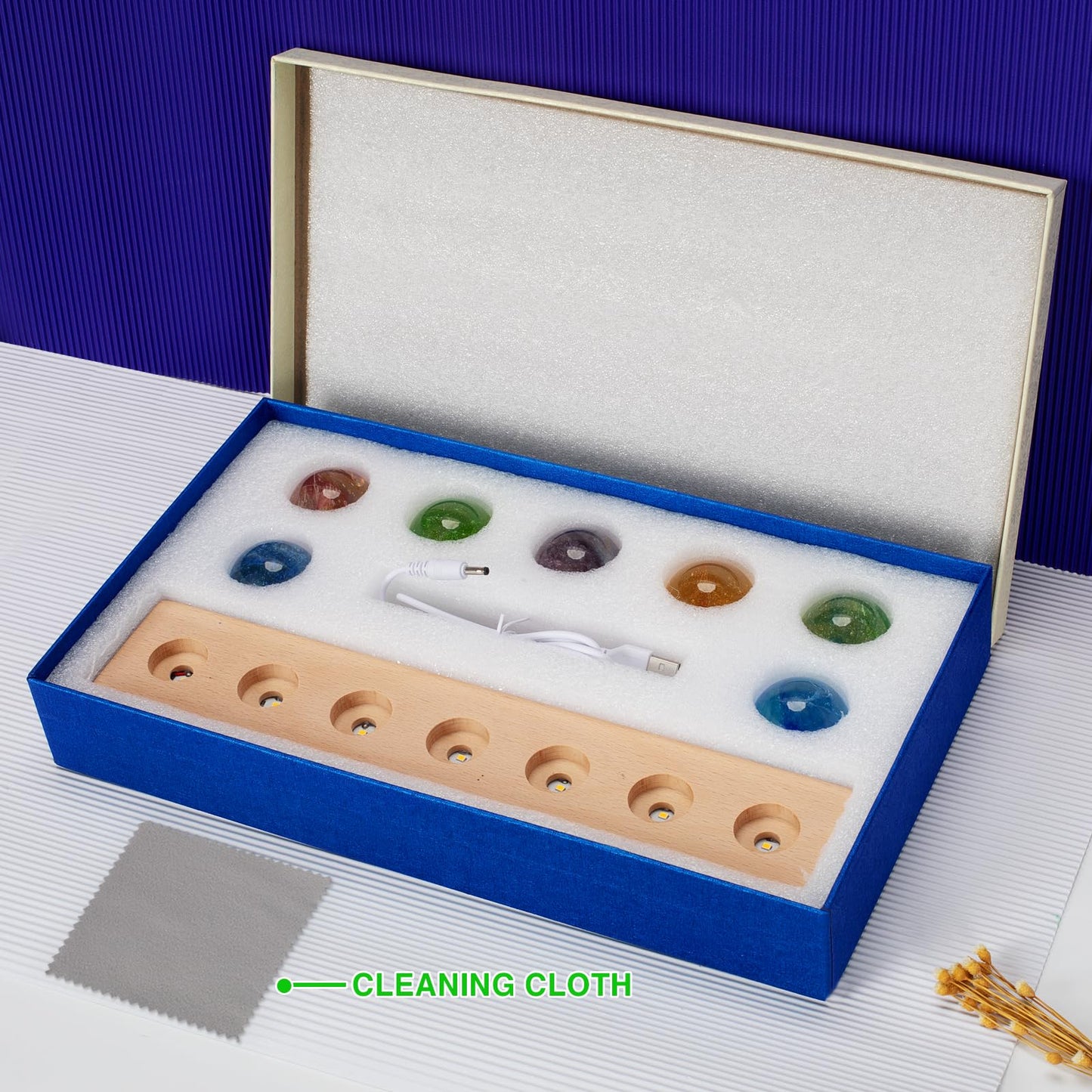 Dokscdlo 7 Chakra Natural Healing Spheres with LED Wooden Stand 40mm Crystal Quartz Stones for Meditation Attracts Lucky Night Light Decoration Balls Set for Home Office