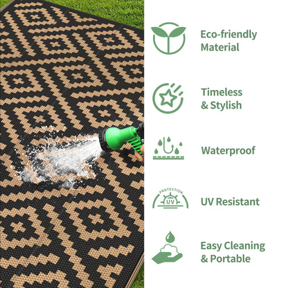 GENIMO Outdoor Rug Waterproof, 10' x 10' Reversible Plastic Straw Rugs, Lightweight Large RV Camping Mat for Patio, Deck, Camper, Balcony, Backyard, Picnic, Black & Brown