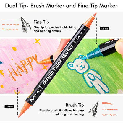 28 Pastel Colors Dual Tip Acrylic Paint Markers, Brush Tip and Fine Tip Acrylic Paint Pens for Rock Painting, Ceramic, Wood, Canvas, Plastic, Glass, Stone, Calligraphy, Card Making, DIY Crafts