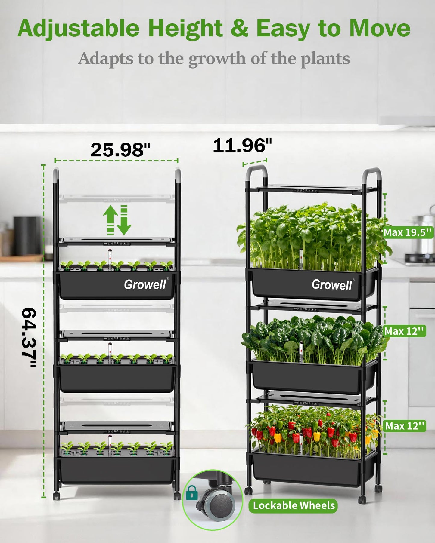 Growell Large Hydroponics Growing System Kit, Vertical Indoor Herb Garden Kit with LED Grow Light & Independent Water Pump, 42L Movable Indoor Planter Perfect Gardening Gifts (3 Tier-81 Pods, Black)