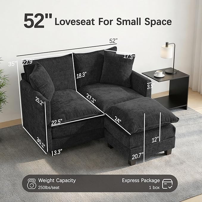 52'' Loveseat Sofa with Ottoman, Modern Cloud Sofa Couch with 27" Deep Seat