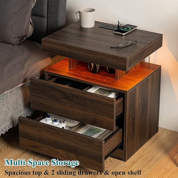 HOMMPA Rustic Nightstand with Wireless Charging Station LED Bedside Table with