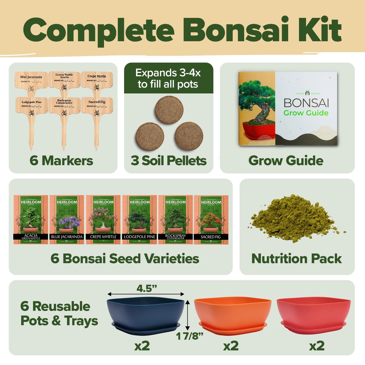 HOME GROWN Bonsai Tree Kit – 6 Heirloom Varieties with Unique Pots – DIY Bonsai Starter Kit for Adults & Beginners – Christmas Gift for Men Women Gardeners Plant Lovers – Indoor Growing Kit