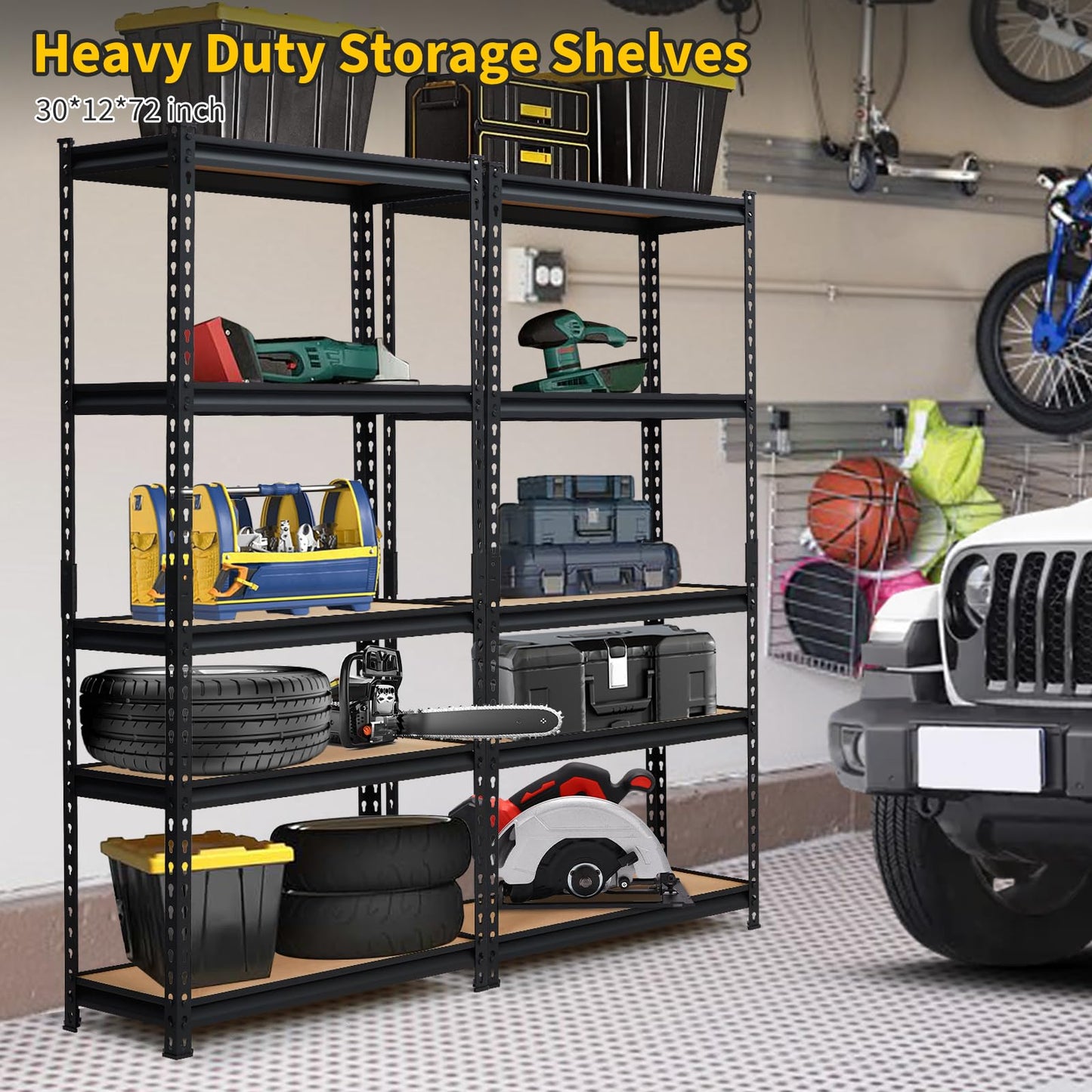 5-Tier Metal Adjustable Storage Shelving Unit, 2000 LBS Heavy-Duty Garage Shelve, 48'' x 24'' x 72'' Shelf Organizer for Garage, Kitchen, Bathroom Laundry, Closet (Black)