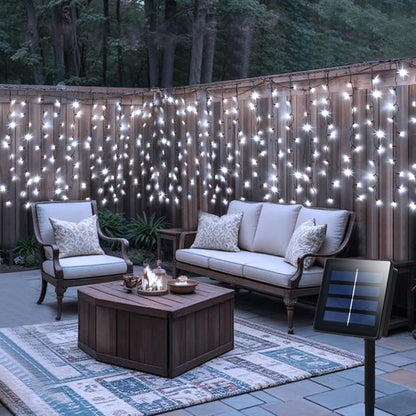 DBFAIRY Solar Curtain Lights,19.6ft x 3.3ft 300 LED Outdoor Christmas Solar Curtain Lights Waterproof Green Wire with 8 Mode for Garden Handrail Railing Eaves Wall Decoration -Cool White
