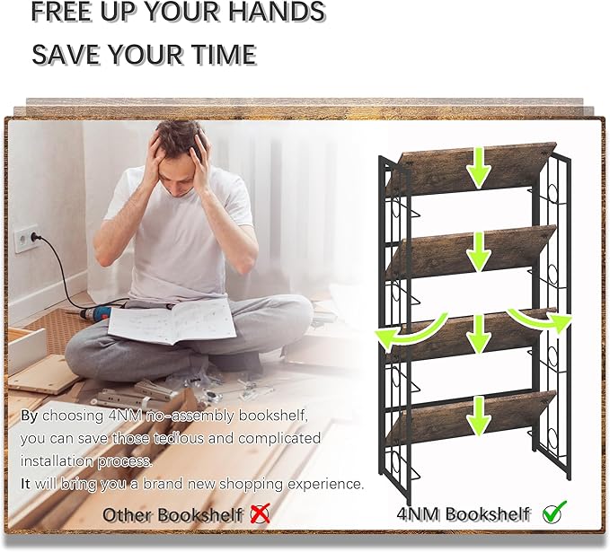 4NM No Assembly 4 Tiers Folding Bookshelf, 47.2" H Foldable Storage Shelves