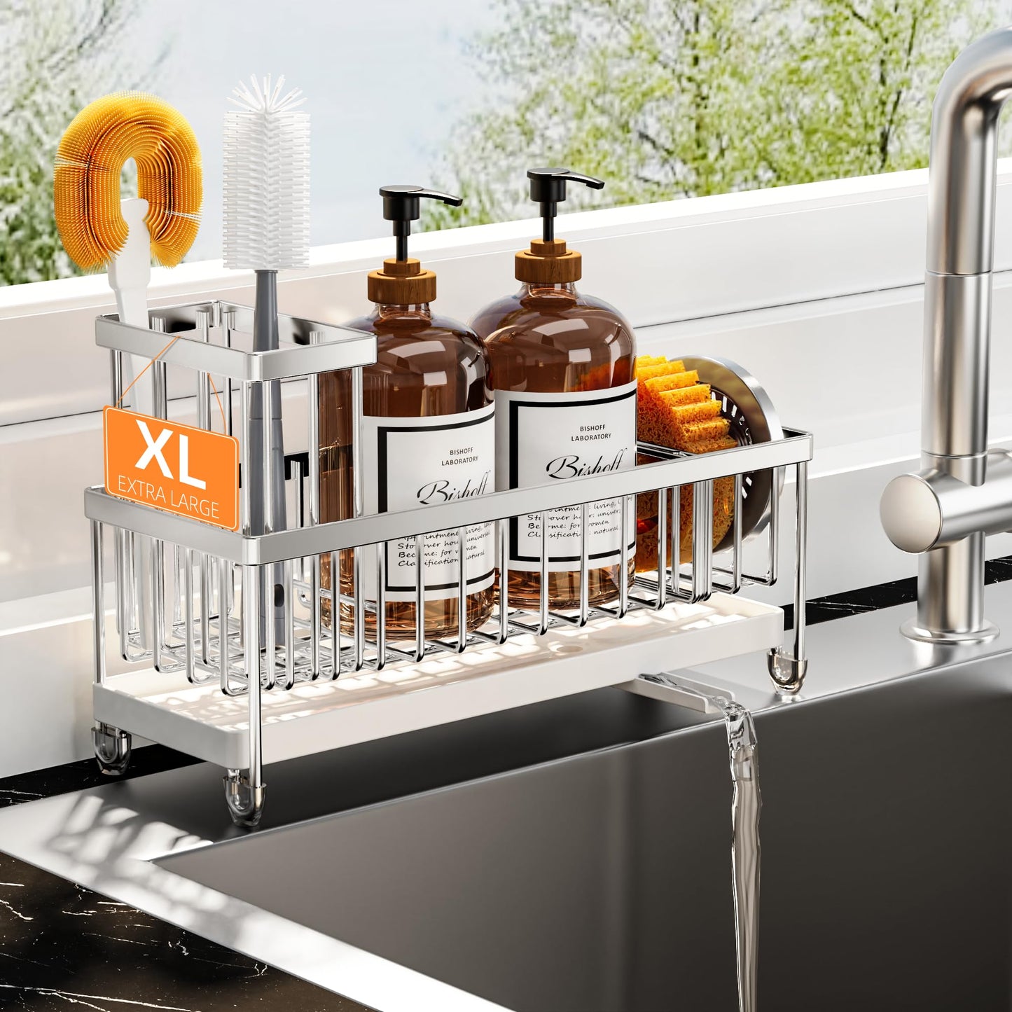 Cisily Black Sponge Holder for Kitchen Sink, Sink Caddy Organizer with High Brush Holder, Kitchen Countertop Organizers and Storage Essentials, Rustproof 304 Stainless Steel, Soap Dispenser Organize