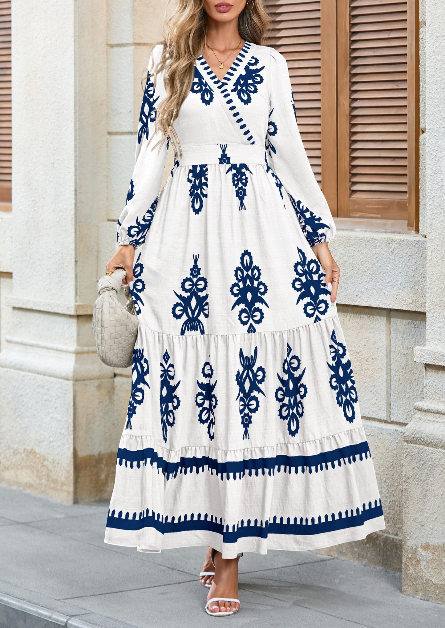 PRETTYGARDEN Women's 2025 Fall Wedding Guest Dresses Boho Floral Long Sleeve V Neck Flowy Elegant Maxi Dress Beach Clothes