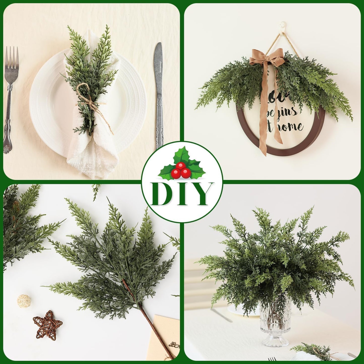 Juxdp Soft Textured Christmas Cedar Branches-18 Inches, Artificial Cedar Branch Faux Greenery Plants Stem Fake Pine Picks for Vase DIY Crafts Garland Wreath Xmas Indoor Outdoor Decor (12 Pcs)