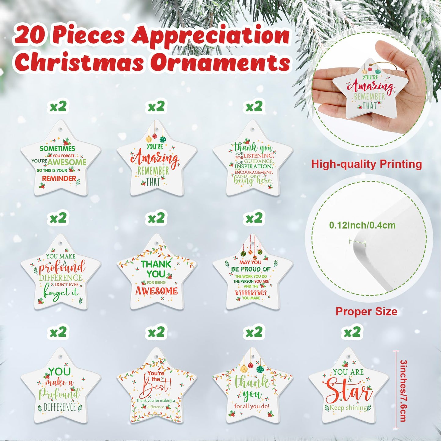 Tioncy 20 Pcs Christmas Thank You Ornament Gifts for Coworkers Employee Appreciation Gifts Thank You for Being Awesome Star Hanging Plaque for Teacher Friend Office Xmas Tree Decoration (Ceramic)