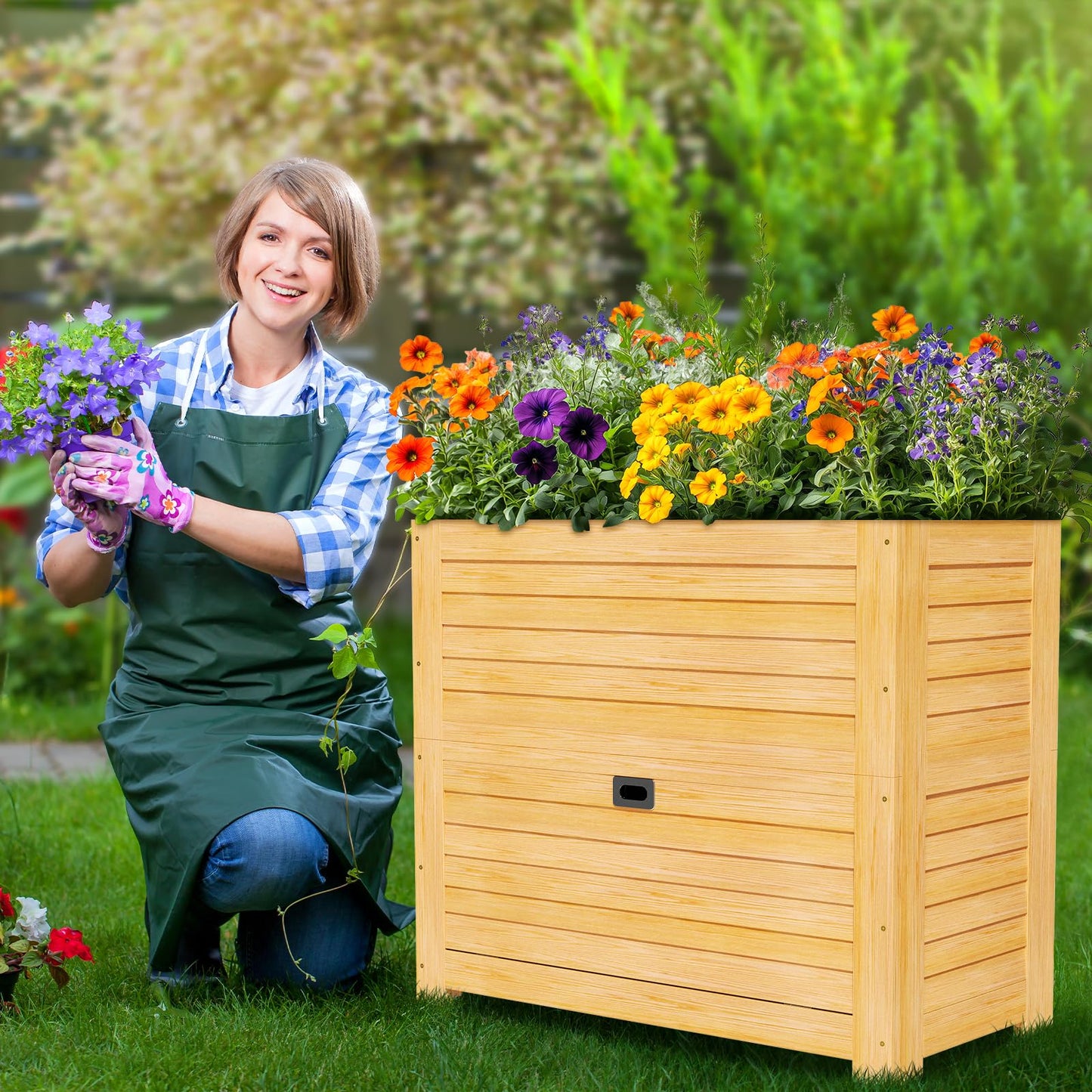 SUNYRISY Wooden Raised Garden Bed with Storage Box, 34" L x 18" W x 30" H Elevated Large Planter Box for Planting Herb Vegetable Flower Outdoor Indoor, Wood