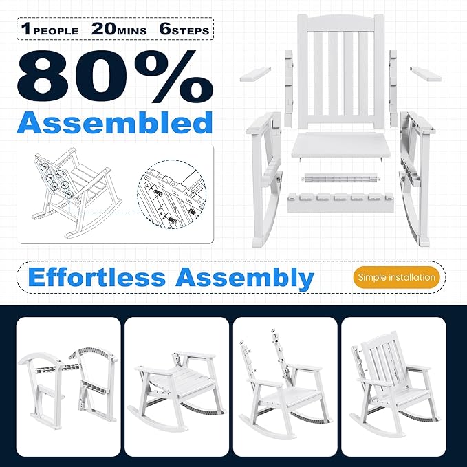 Devoko PP Material Rocking Chair Outdoor Indoor All Weather High Back Patio Rocker for Adult Heavy Duty Rocking Chair for Patio Backyard Porch Garden (Heavy Duty, White)
