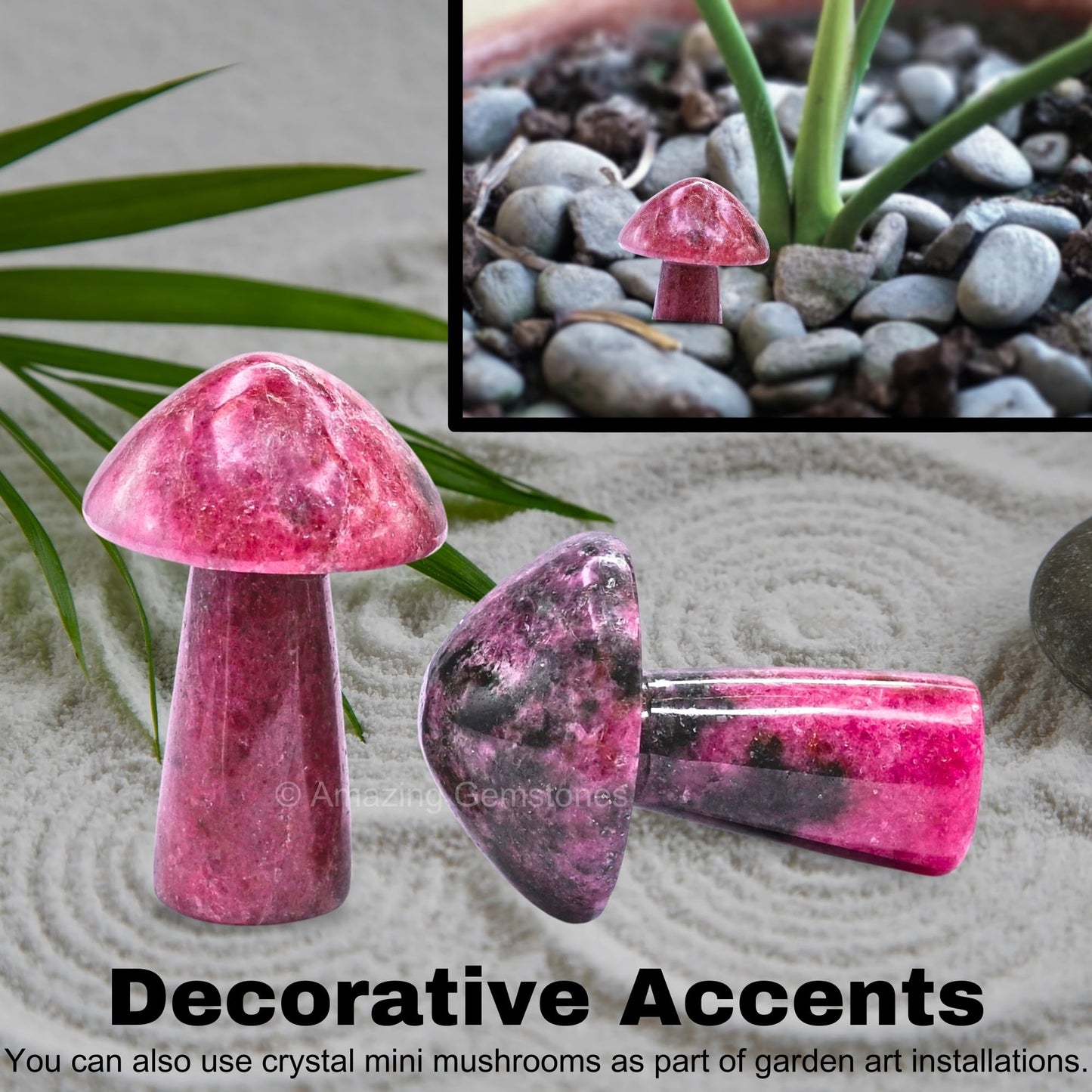 Amazing Gemstone Rhodonite Crystal Mushroom Decor Aesthetic Small Crystals - 2" Little Mushroom Decorations for Home, Office, Room Table Mini Crystals Stone Mushrooms DIY Gifts