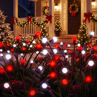 Sukesou Solar Christmas Firefly Lights, 2 Pack 6LED Red & White Solar Garden Stake Lights, IP65 Waterproof Auto On/Off Solar Powered Pathway Lights for Yard Patio Christmas Outdoor Decor