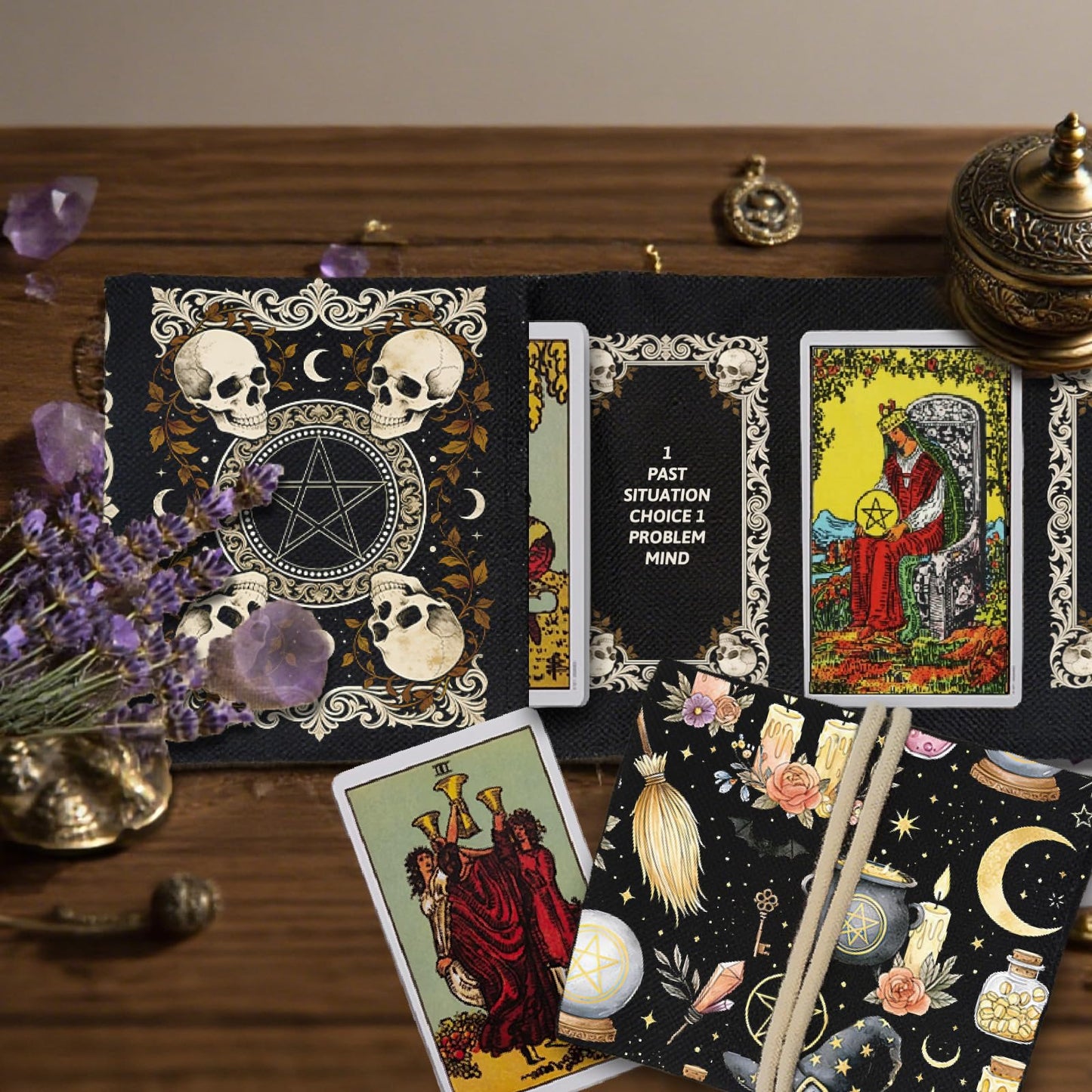 GLOBLELAND 2 Pcs Magic Divination Crystal Ball Tarot Card Holder Skull Polyester Tarot Bag Magic Divination Canvas Jewelry Storage Drawstring Pouches Accessories for Playing Cards and Tarots