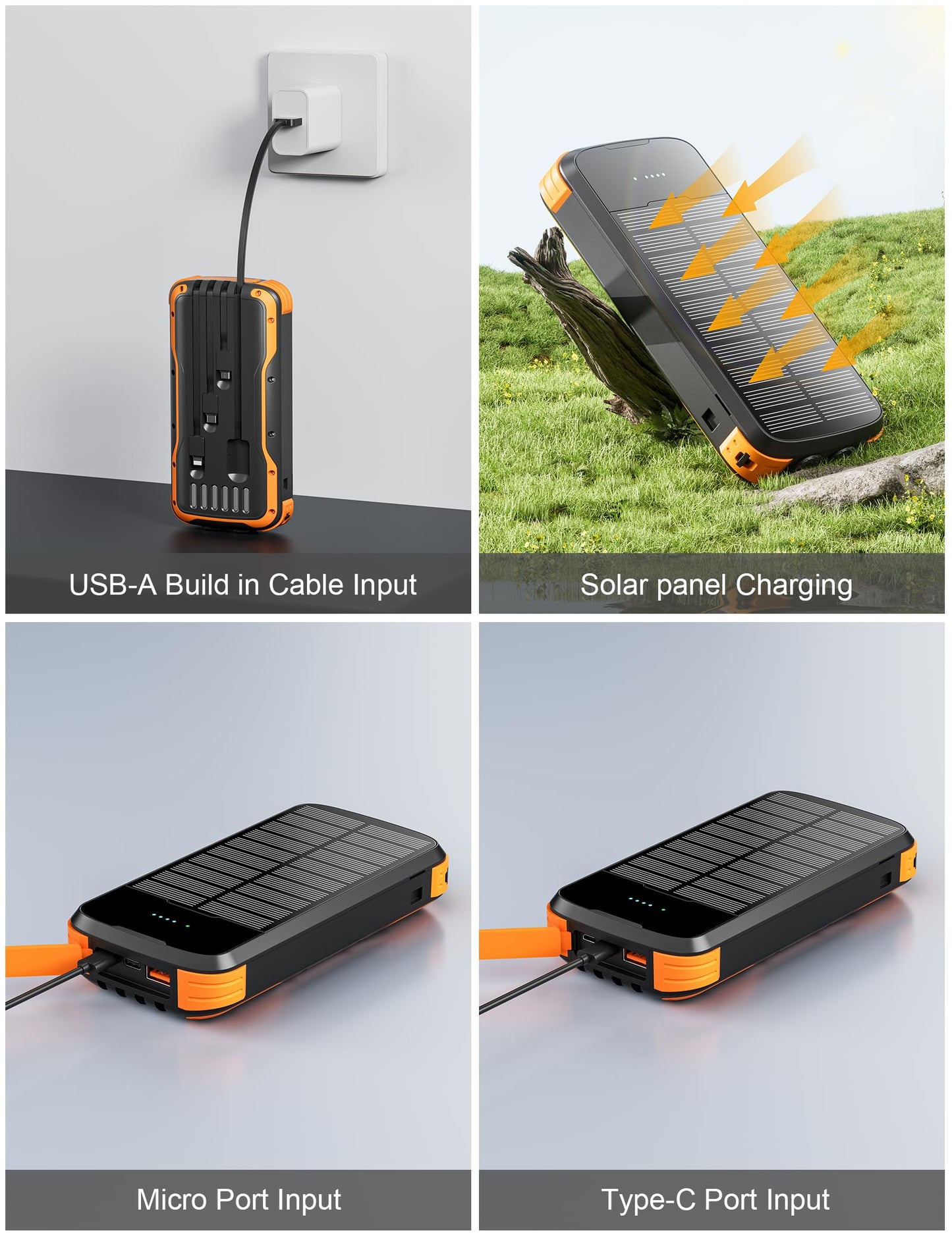 Solar Charger Power Bank, 40000mAh Portable Charger PD 20W Fast Charging Solar Power Bank Built in 4 Cables and USB-C in/Output, Camping Essentials External Battery Pack with Flashlights