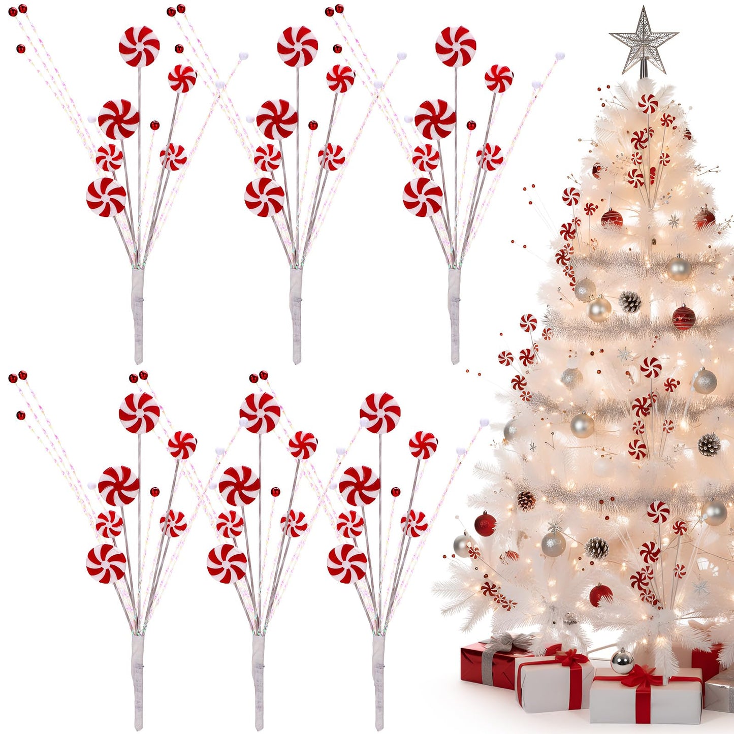 Suncalla 6 Pcs Candy Cane Christmas Tree Picks Red White Artificial Decoration Flower Vase Filler Ornament Christmas Tree Picks for Table Centerpiece DIY Home Wreath Decor