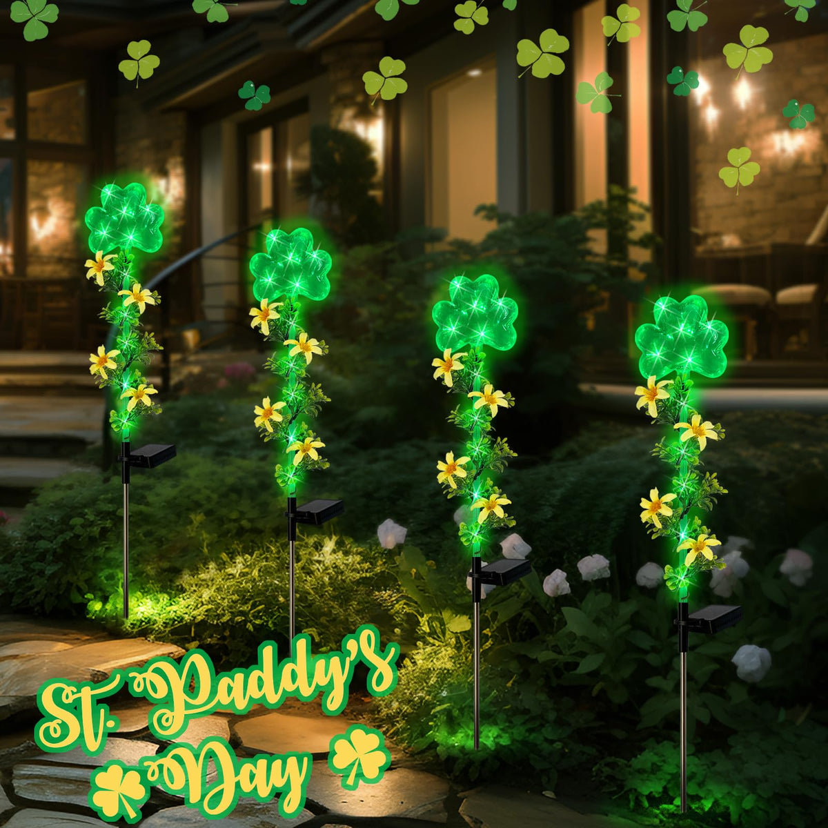 Hokfirm ST Patrick's Day Decorations Outdoor,2 Pack Shamrock Solar Lights Outdoor,Solar Powered Green Fairy Lights Holiday Decorations for Yard,Lawn,Garden Stkae