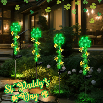 Hokfirm ST Patrick's Day Decorations Outdoor,2 Pack Shamrock Solar Lights Outdoor,Solar Powered Green Fairy Lights Holiday Decorations for Yard,Lawn,Garden Stkae