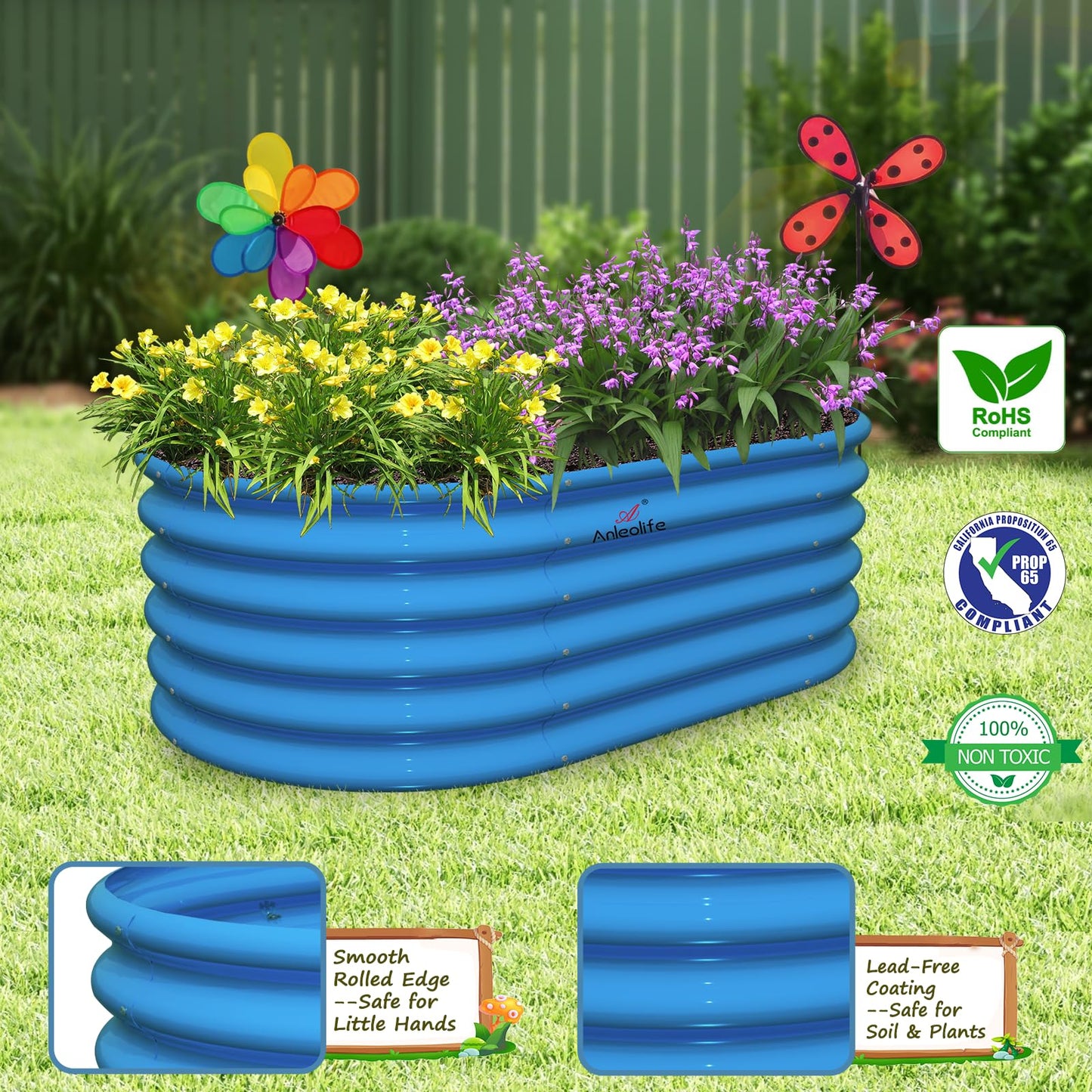 A ANLEOLIFE Kids Mini Raised Garden Beds Outdoor (3-Pack)-40x24x18in Oval Round Galvanized Metal Planter Box for Planting Vegetables, Flowers, Fruits, Eco-Safe & Easy Setup, Sky Blue