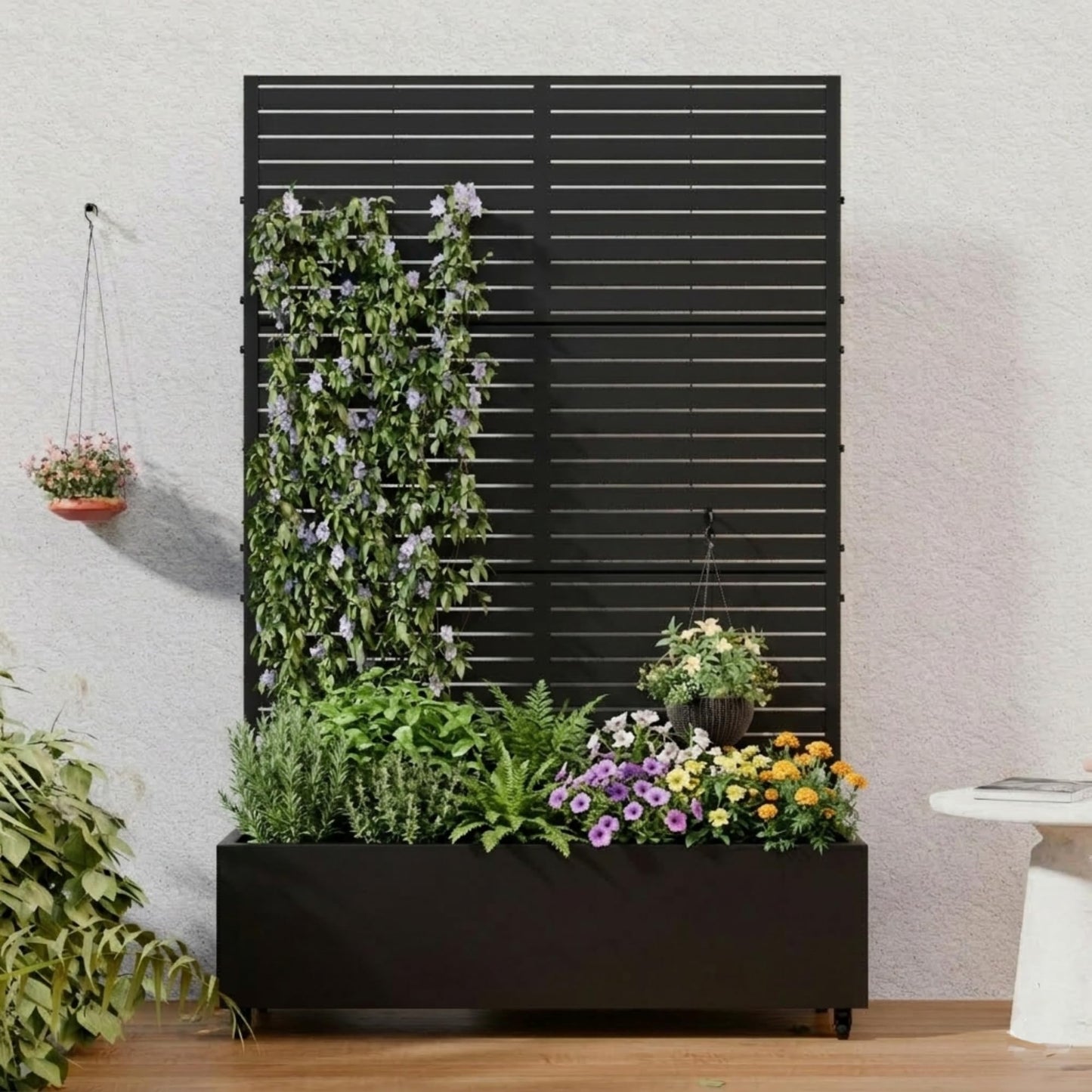 Casaphoria Metal Raised Garden Bed with Trellis and Wheels, 72"x47"x16" Planter Box for Climbing Plants, Vegetables & Vines, Features Drainage Holes and Privacy Screen (Black-Louvered)