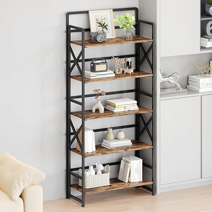 No Assembly Folding Bookshelf, 5 Tiers Vintage Wood Collapsible Book Shelf