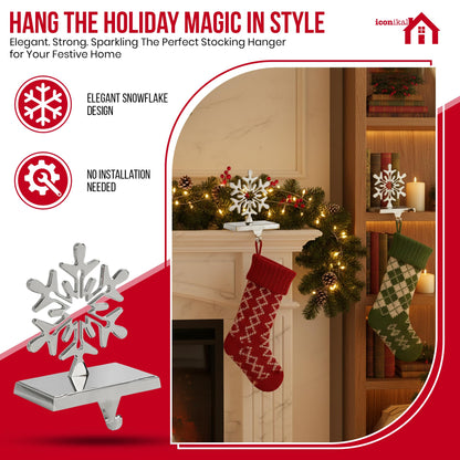Iconikal 4-Pack Stocking Holders Christmas Chrome Metal Snowflake Weighted for Mantle, Holiday Fireplace Hangers