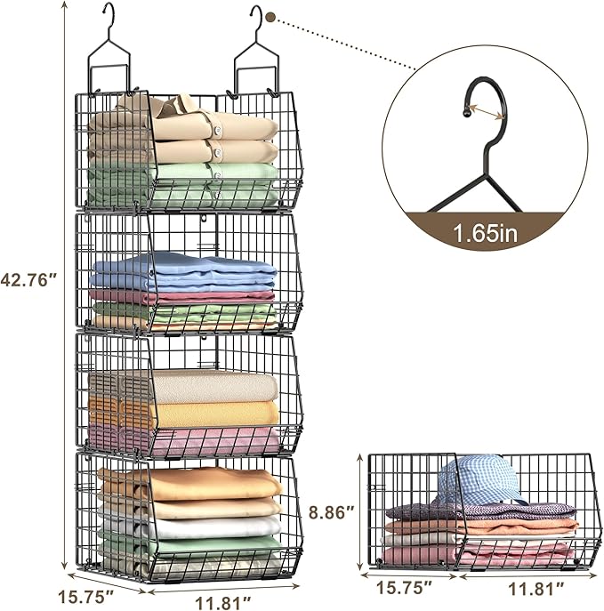 4" Extra Deeper Hanging Closet Organizers and Storage, 4 Tier Foldable Wire