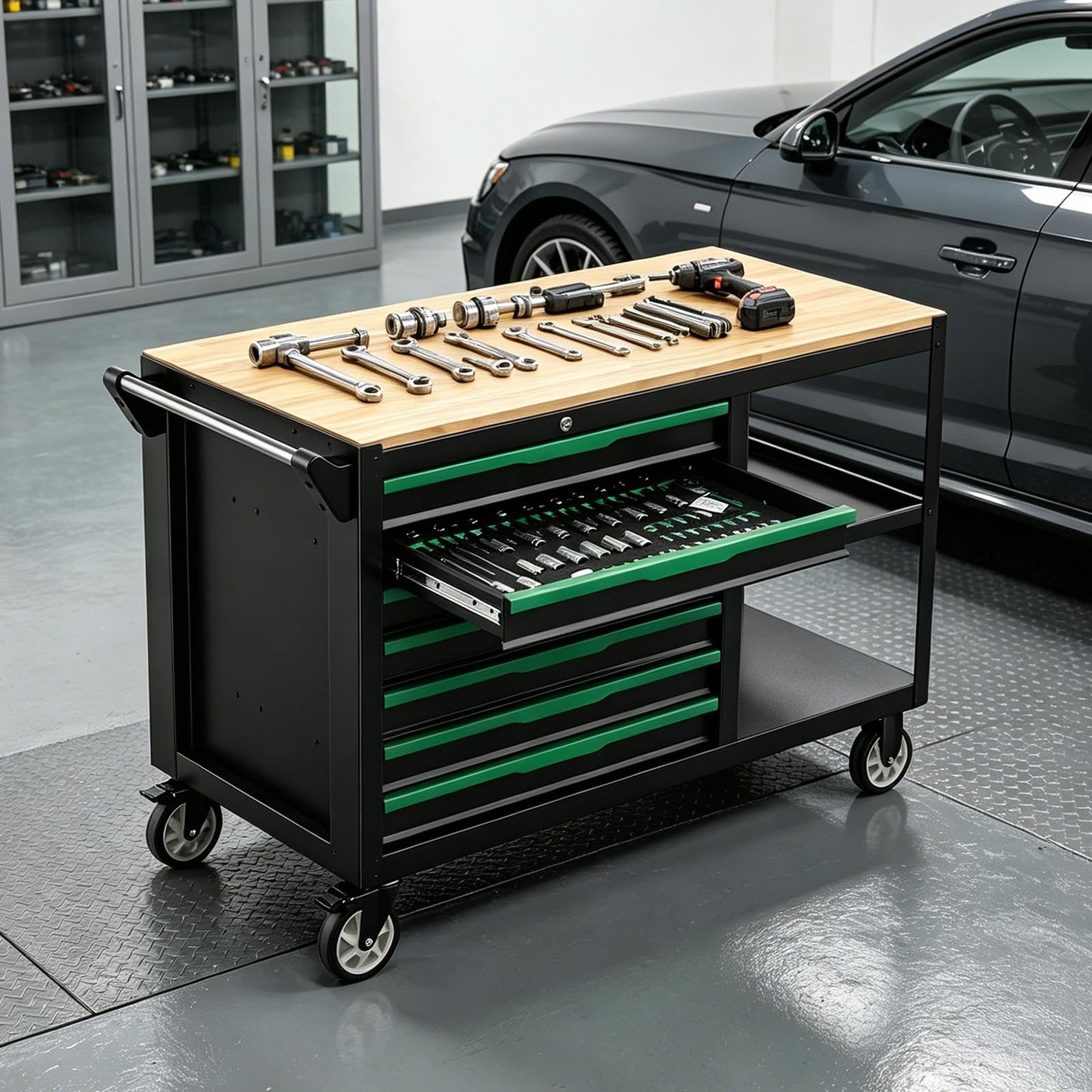 Griplier 7-Drawers Professional Tool Cart Cabinet,Rolling Tool Chest with Double Shelves,Wood Workbench,Brake Wheels,51.1W x 18.9D x 32.3H inches for Garage, Workshop, or Outdoor Use(7 Drawers)