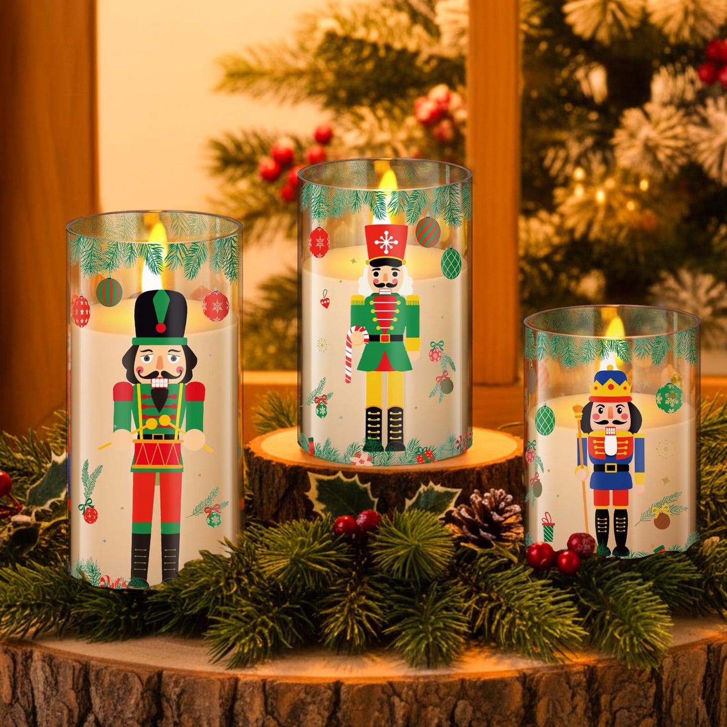 Blosssound 3 Pack Christmas Flameless Candles Battery Operated Xmas Nutcrackers Flameless Flickering Candles LED for Home Fireplace Winter Holiday Table Decorations Christmas Gifts
