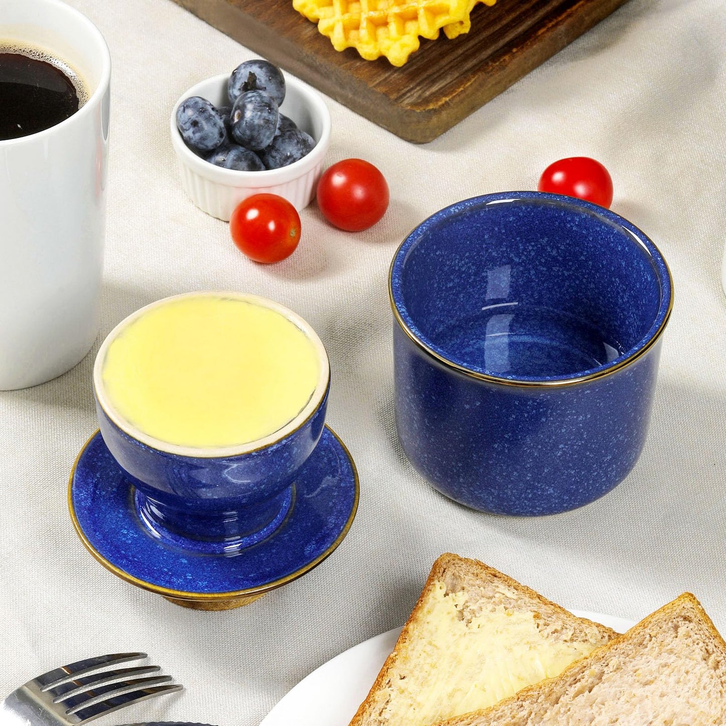 DOWAN French Butter Crock, Ceramic Dish With Lid for Countertop and Fridge, Keeper With Waterline, Flip-Top Container & Spreader, Reactive Glaze Holder, Blue