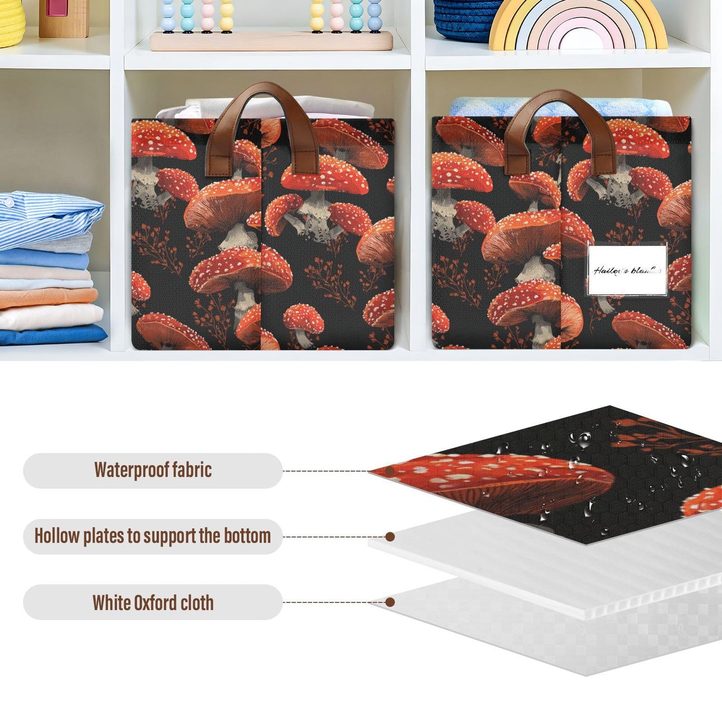 Red Mushrooms Amanita Mushroom Storage Basket Foldable Cube Storage Bins with Handles&Label Waterproof Collapsible Organizer Box Bin Large Rectangle Decorative Baskets for Shelves Home Room Laundry
