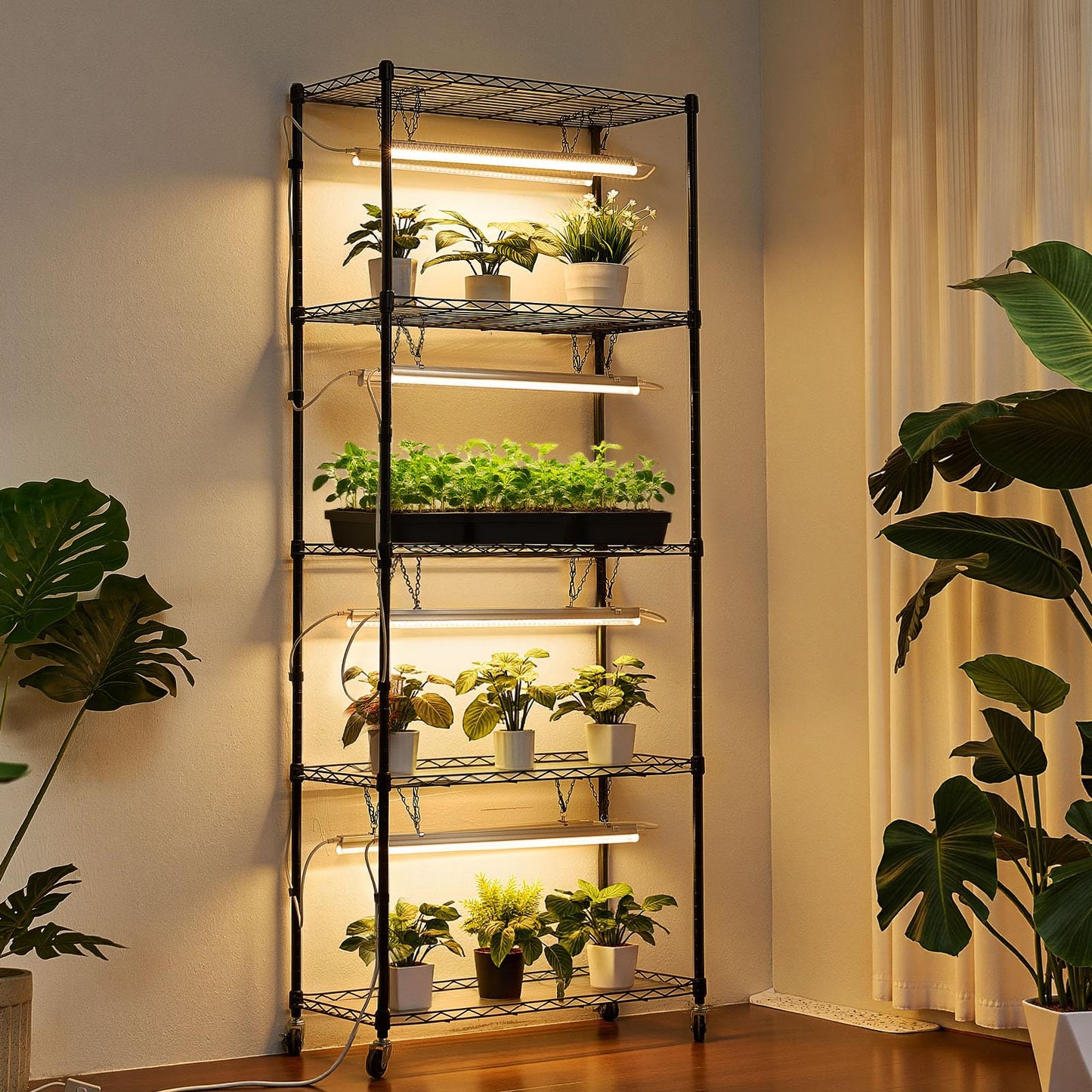 VEVOR Plant Shelf with Grow Light, 6-Tier Indoor Plant Stand, 71 in Tall Plants Display Rack with Wheels & 4/9/14H Timer, 80W T5 LED Full Spectrum Grow Lights, Flower Pot Holder for Seed Starting