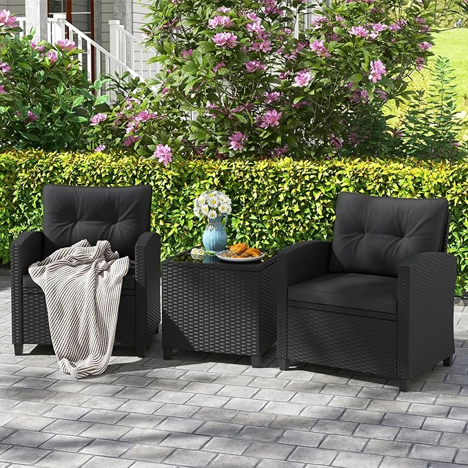 HAPPYGRILL 3 Pieces Wicker Patio Conversation Set, PE Rattan Bistro Sofa Set