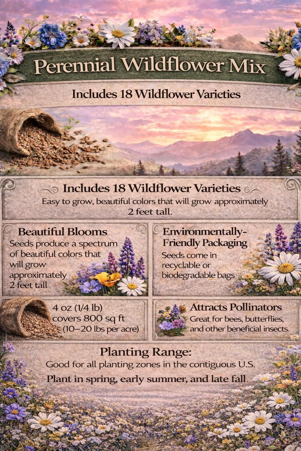 United States Nationwide Bulk Perennial Wildflower Seed Mix - All U.S. Zones - Plant in Spring and Fall (1 Pound Covers 2,000 Square feet) (1/4 Pound)